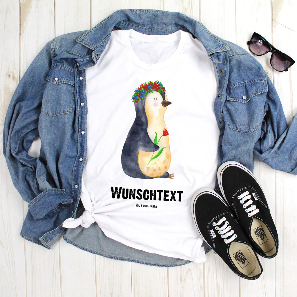 Personalised T-Shirt Penguin Flower T-Shirt mit Namen, Frauen, T-Shirt Personalisiert, Männer, T-Shirt mit Aufruck, Wunschtext, Bedrucken, Pinguin, Liebeskummer, Lebenslust, Motivation, Pinguine, Wünsche, Ziele, Geschenkidee, Lebensziele, Blumenkranz, Leben, Universum