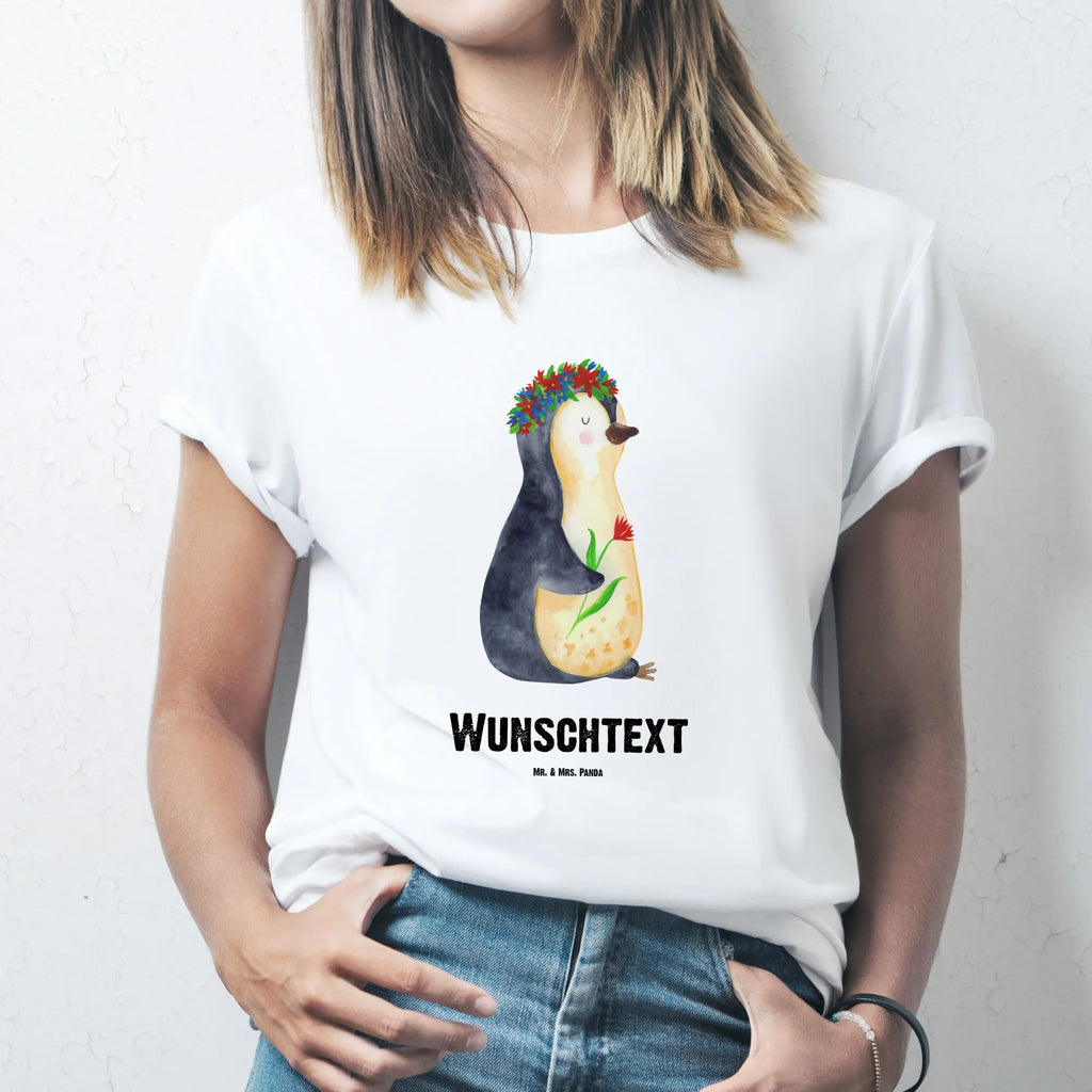 Personalised T-Shirt Penguin Flower T-Shirt mit Namen, Frauen, T-Shirt Personalisiert, Männer, T-Shirt mit Aufruck, Wunschtext, Bedrucken, Pinguin, Liebeskummer, Lebenslust, Motivation, Pinguine, Wünsche, Ziele, Geschenkidee, Lebensziele, Blumenkranz, Leben, Universum