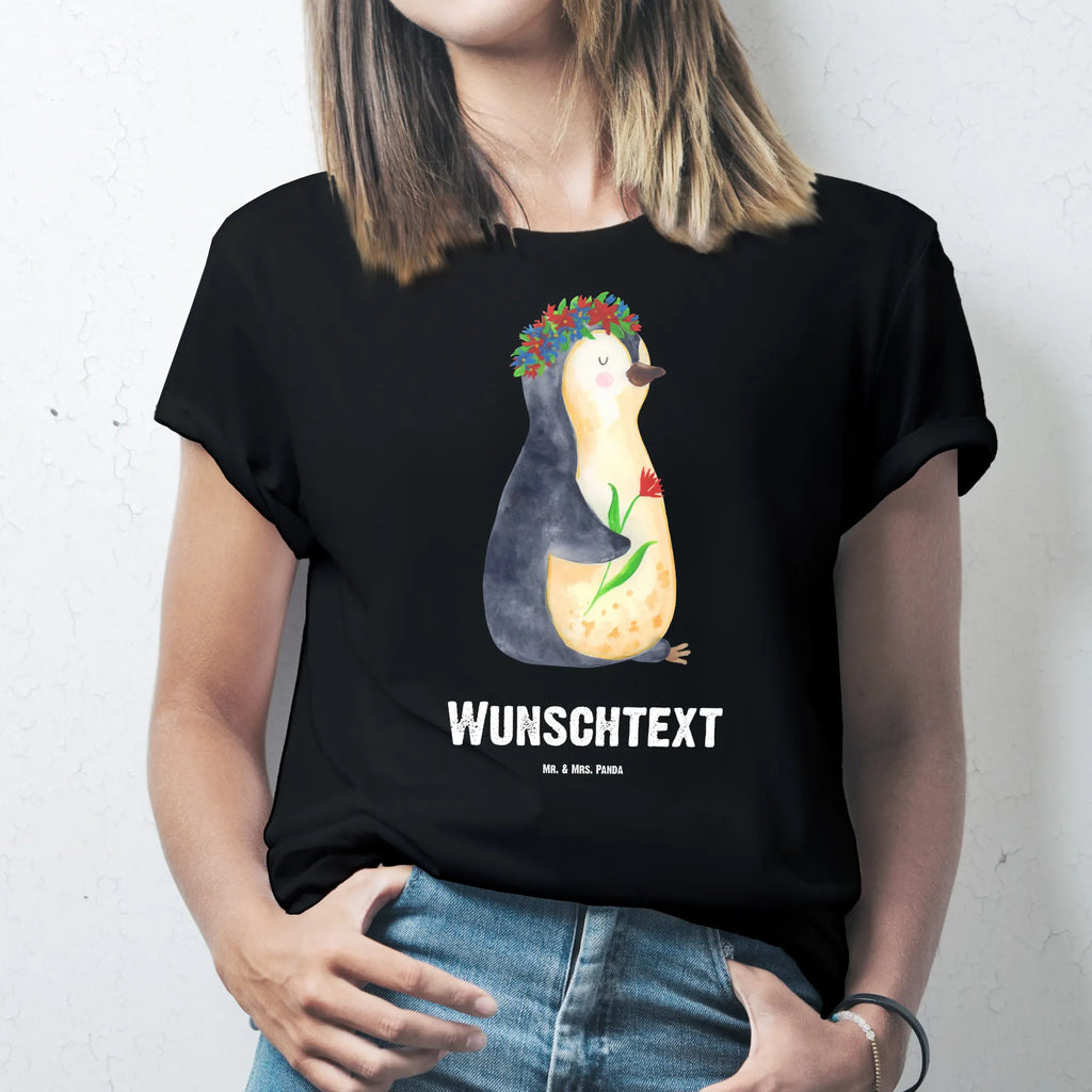 Personalised T-Shirt Penguin Flower T-Shirt mit Namen, Frauen, T-Shirt Personalisiert, Männer, T-Shirt mit Aufruck, Wunschtext, Bedrucken, Pinguin, Liebeskummer, Lebenslust, Motivation, Pinguine, Wünsche, Ziele, Geschenkidee, Lebensziele, Blumenkranz, Leben, Universum