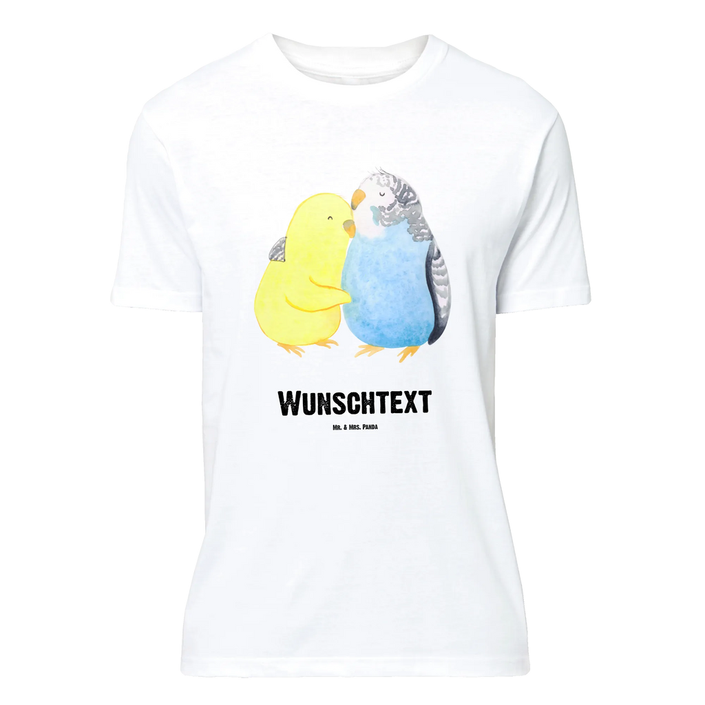 Personalised T-Shirt Parakeets in love Bedrucken, Wunschtext, T-Shirt Personalisiert, T-Shirt mit Namen, T-Shirt mit Aufruck, Freund, Jahrestag, Verlobung, Partner, Ehemann, Ehefrau, Freundin, Liebesgeschenk, Liebe, Heiraten, Heiratsantrag, Hocheitstag, Wellensittich, Nähe, Vögel, Kuscheln, Vertrauen