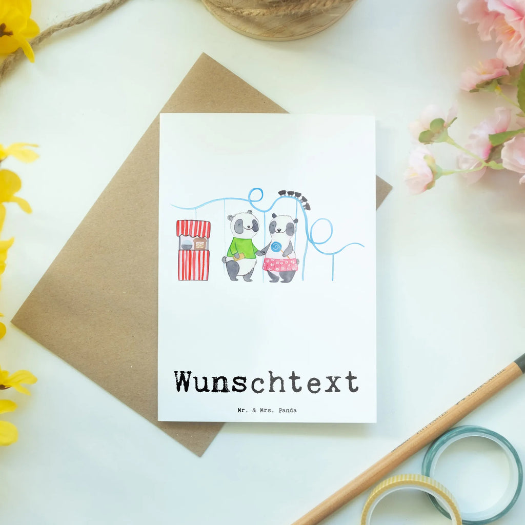 Personalised greetings card pandas visit amusement park Gift, sport, hobby, giving, thank you, award, profit, athlete, ride a roller coaster, Visit an amusement park