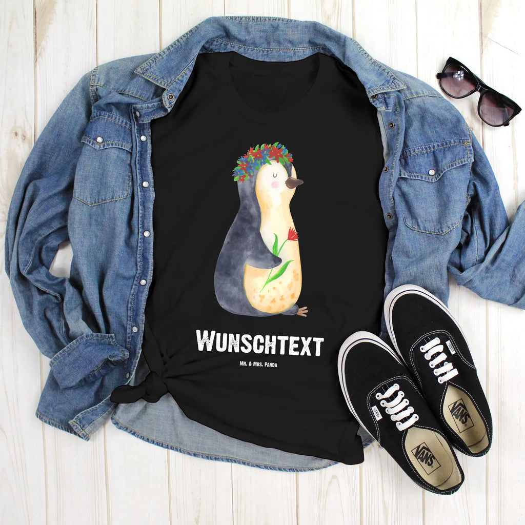 Personalised T-Shirt Penguin Flower T-Shirt mit Namen, Frauen, T-Shirt Personalisiert, Männer, T-Shirt mit Aufruck, Wunschtext, Bedrucken, Pinguin, Liebeskummer, Lebenslust, Motivation, Pinguine, Wünsche, Ziele, Geschenkidee, Lebensziele, Blumenkranz, Leben, Universum