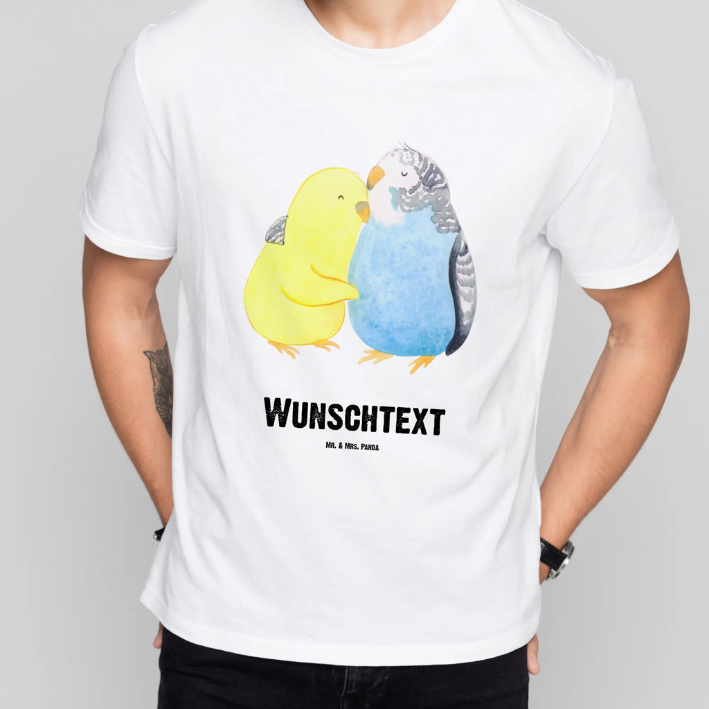 Personalised T-Shirt Parakeets in love Bedrucken, Wunschtext, T-Shirt Personalisiert, T-Shirt mit Namen, T-Shirt mit Aufruck, Freund, Jahrestag, Verlobung, Partner, Ehemann, Ehefrau, Freundin, Liebesgeschenk, Liebe, Heiraten, Heiratsantrag, Hocheitstag, Wellensittich, Nähe, Vögel, Kuscheln, Vertrauen