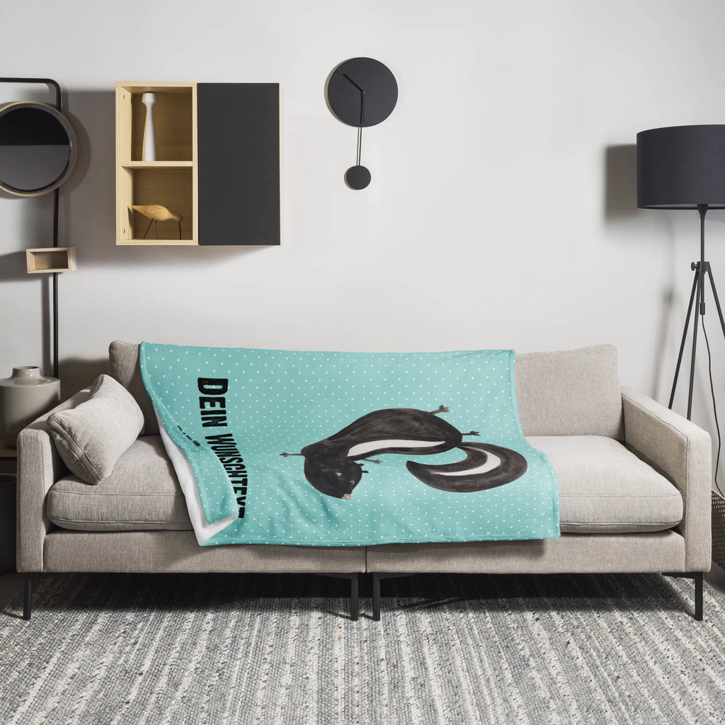 Personalisierte Decke Stinktier Handstand Kuscheldecke mit Namen, Decke mit Namen, Kuscheldecke bedrucken, Decke bedrucken, Personalisierte Decke, Stinktier, Skunk, Raubtier, Spielplatz, verpielt, Wildtier, Stinki, Stinker, Kind