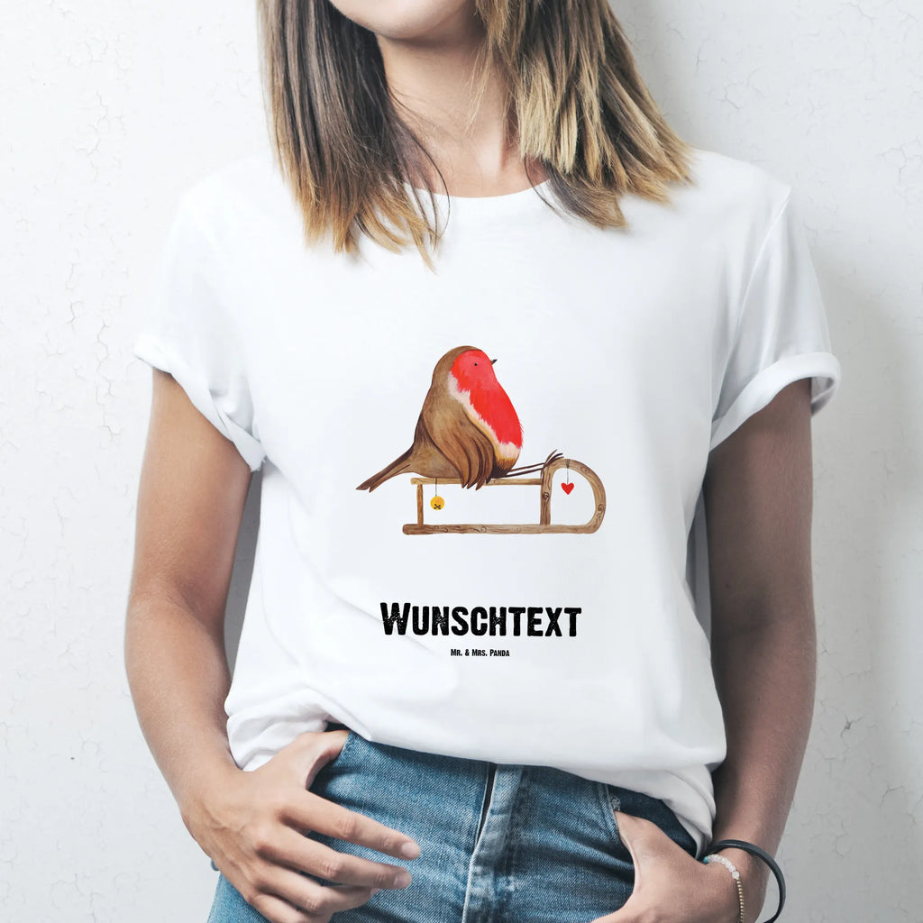 Rozmiar L Personalizowana koszulka rudzik sanki T-Shirt mit Aufruck, T-Shirt Personalisiert, Wunschtext, Bedrucken, T-Shirt mit Namen, Nikolaus, Weihnachtsdeko, Winter, Heiligabend, Advent, Wintermotiv, Weihnachten, Vogel, Schlitten