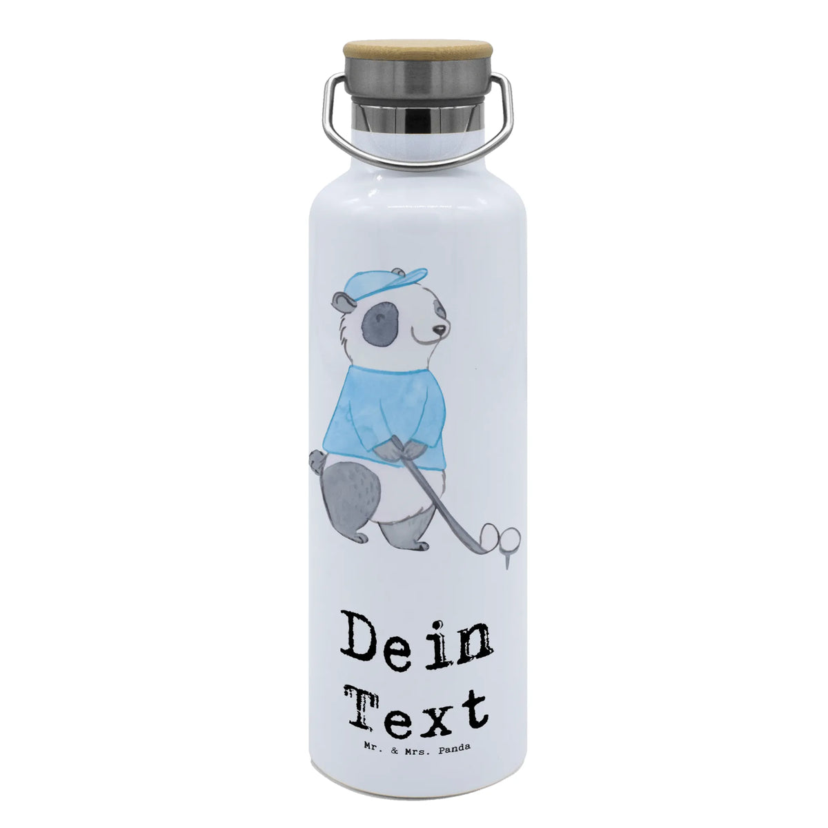 Personalised drinks bottle panda golfing Gift, giving, thank you, award, profit, athlete, golf tournament, play golf, golf club, golf course