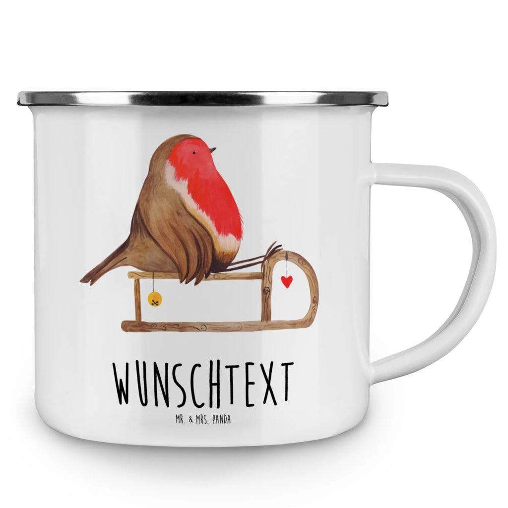Personalised enamel cup robin Sleds Winter, Christmas, Christmas time, snow, sleigh, bird