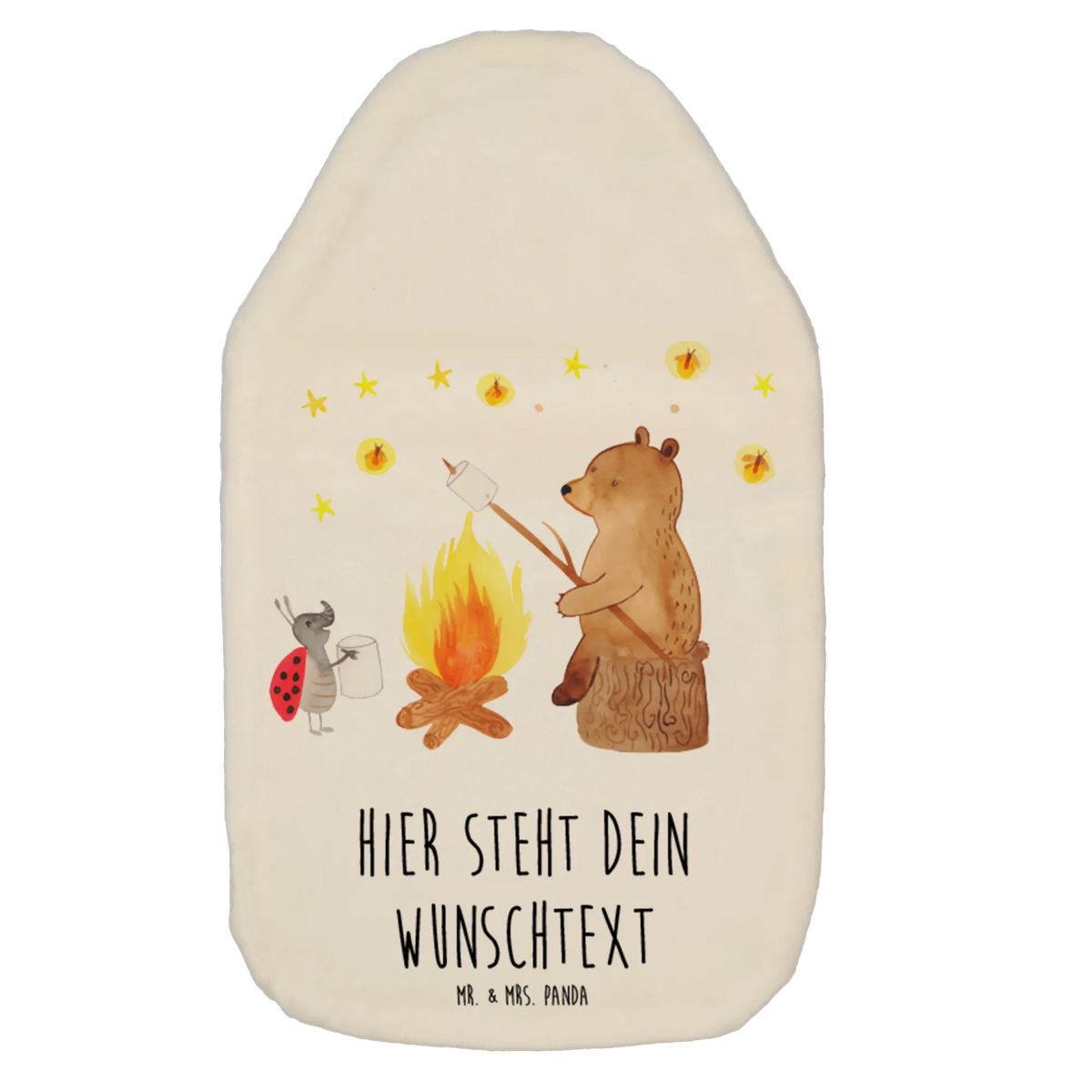 Personalised hot water bottle Bear & Ladybird campfire bear, teddy, teddy bear, cuddly toy, Campfire