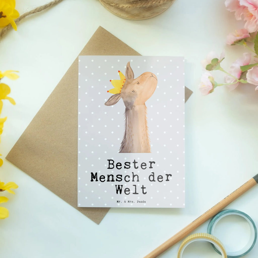 Kartka okolicznościowa lama Najlepszy człowiek na świecie Ansichtskarten, Hochzeitskarte, Einladungskarte, Grußkarte, Glückwunschkarte, Karte, Geburtstagskarte, Klappkarte, für, Dankeschön, Geschenk, Schenken, Geburtstag, Geburtstagsgeschenk, Geschenkidee, Danke, Bedanken, Mitbringsel, Freude machen, Geschenktipp, Vorbild, tollster Mensch, Ehemann, Liebling, Valentinstag, Lieblingsmensch, Partner, Liebe, Ehefrau, Lieblings Mensch