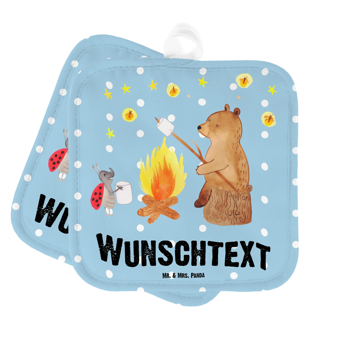 Personalised pot holder Bear & Ladybird campfire bear, teddy, teddy bear, cuddly toy, Campfire