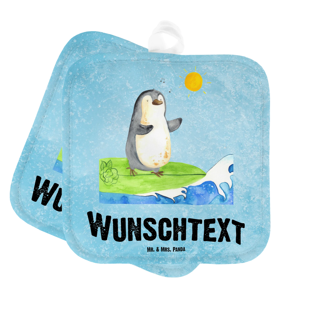 Personalisierte Topflappen Pinguin Surfer Topflappen Set personalisiert, Topflappen personalisiert, Personalisierter Ofenhandschuh, Namensaufdruck, Topflappen mit Namen, Personalisierte Topfuntersetzer, Pinguin, Surfer, Portugal, Hawaii, Urlaub, surfen, Wellen reiten, Wellen, Pinguine