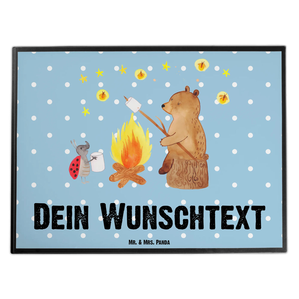 Personalised desk pad Bear & Ladybird campfire bear, teddy, teddy bear, cuddly toy, Campfire