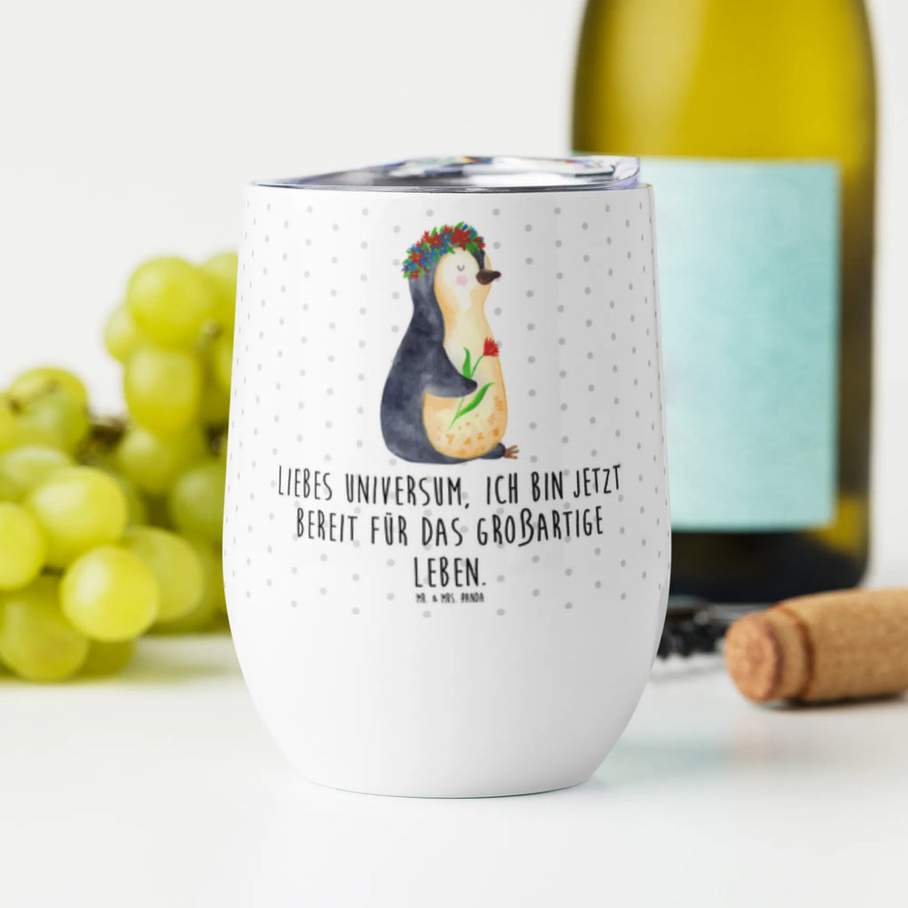 Wine cup Penguin Flower premium wine tumbler, wine tumbler, hot drinks, stemless wine glasses, mulled wine cup, wine glasses, insulated tumbler, drinking cup, portable wine cup, wine goblet, wine travel tumbler, Penguin, North Pole, Winter, Penguins, wreath of flowers, goals, gift idea, life, penguins, goals in life, lovesickness, universe, love of life, wishes, motivation