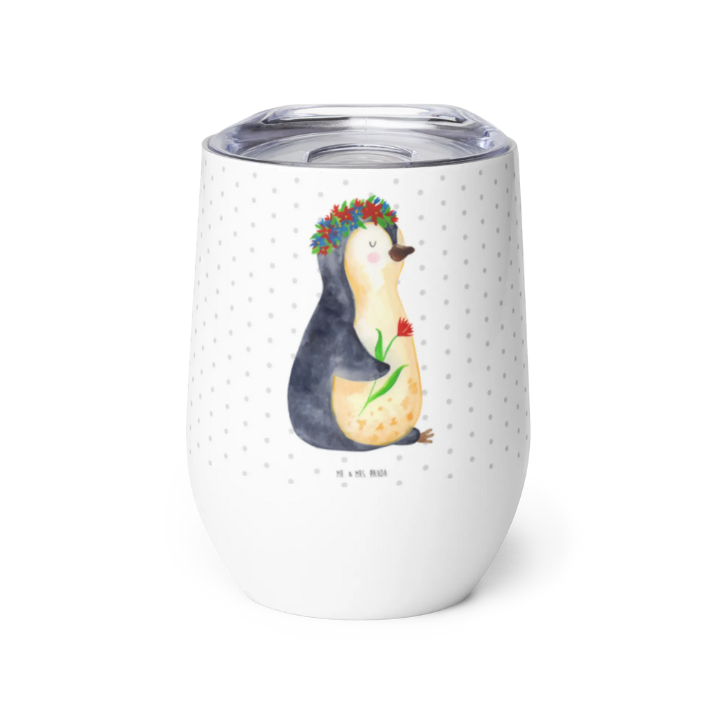 Wine cup Penguin Flower premium wine tumbler, wine tumbler, hot drinks, stemless wine glasses, mulled wine cup, wine glasses, insulated tumbler, drinking cup, portable wine cup, wine goblet, wine travel tumbler, Penguin, North Pole, Winter, Penguins, wreath of flowers, goals, gift idea, life, penguins, goals in life, lovesickness, universe, love of life, wishes, motivation