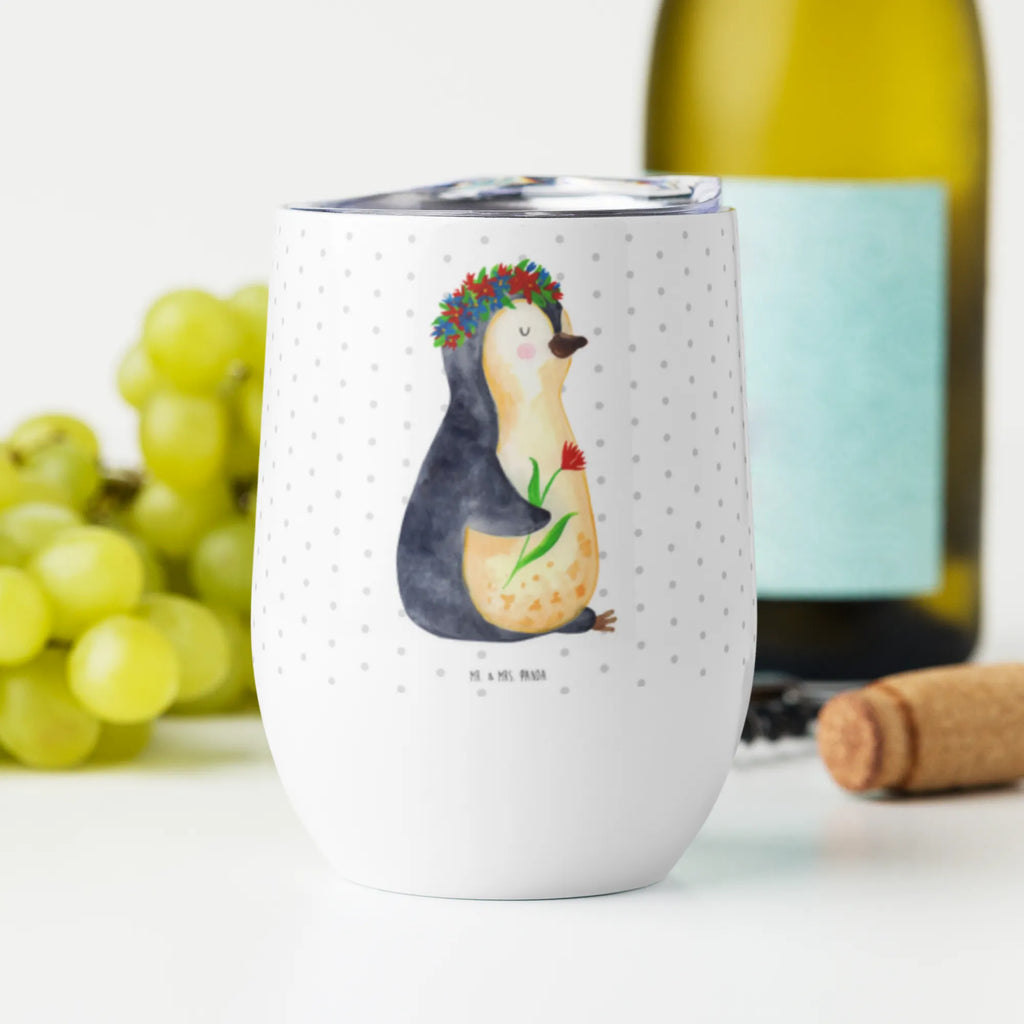 Wine cup Penguin Flower premium wine tumbler, wine tumbler, hot drinks, stemless wine glasses, mulled wine cup, wine glasses, insulated tumbler, drinking cup, portable wine cup, wine goblet, wine travel tumbler, Penguin, North Pole, Winter, Penguins, wreath of flowers, goals, gift idea, life, penguins, goals in life, lovesickness, universe, love of life, wishes, motivation