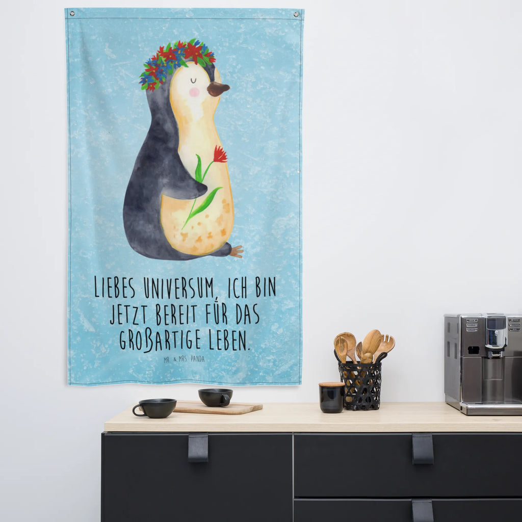 Tapestry Penguin Flower Boho, Wall hanging, Tapestry, Decoration, Penguin, North Pole, Winter, Penguins, gift idea, penguins, lovesickness, love of life, universe, motivation, goals in life, wishes, life, goals, wreath of flowers