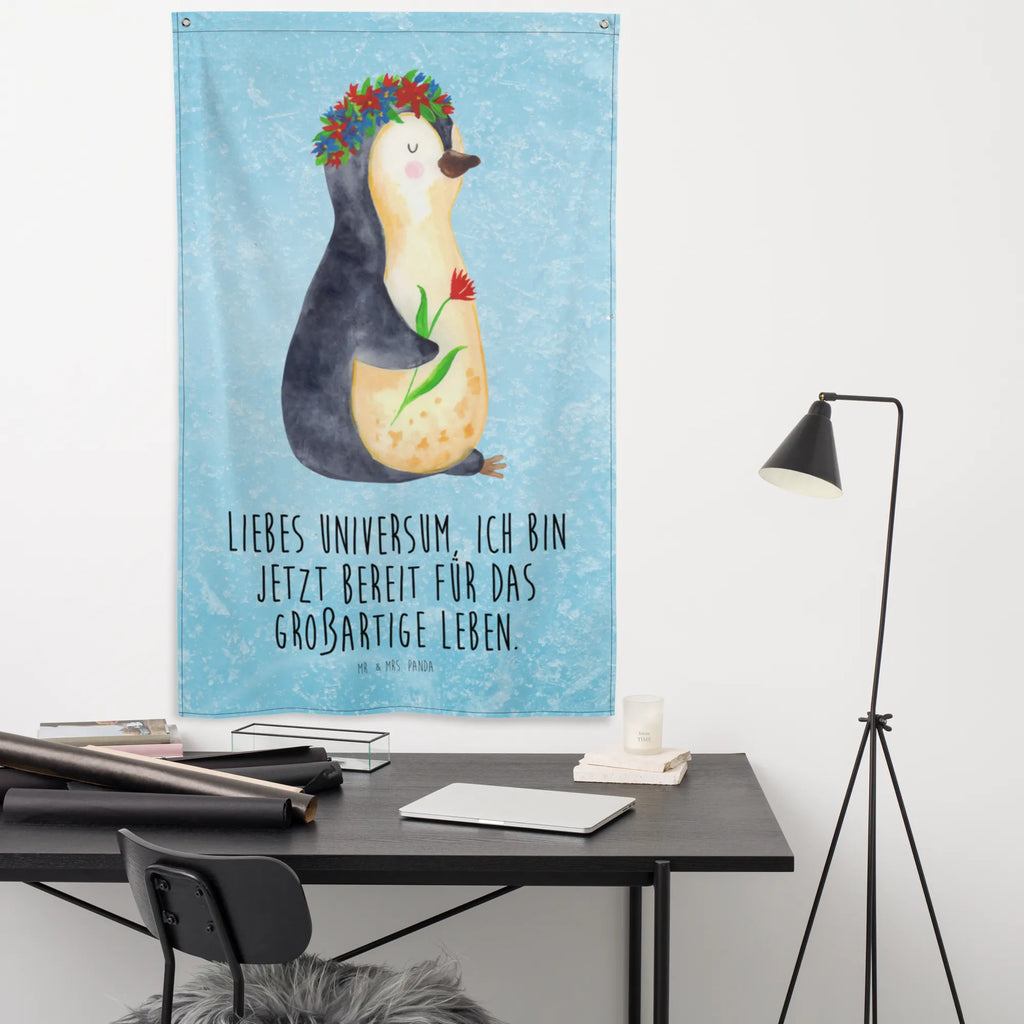 Tapestry Penguin Flower Boho, Wall hanging, Tapestry, Decoration, Penguin, North Pole, Winter, Penguins, gift idea, penguins, lovesickness, love of life, universe, motivation, goals in life, wishes, life, goals, wreath of flowers