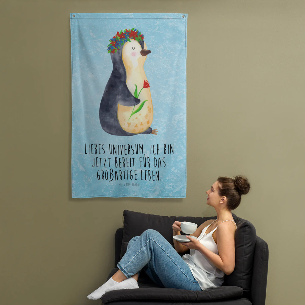 Tapestry Penguin Flower Boho, Wall hanging, Tapestry, Decoration, Penguin, North Pole, Winter, Penguins, gift idea, penguins, lovesickness, love of life, universe, motivation, goals in life, wishes, life, goals, wreath of flowers