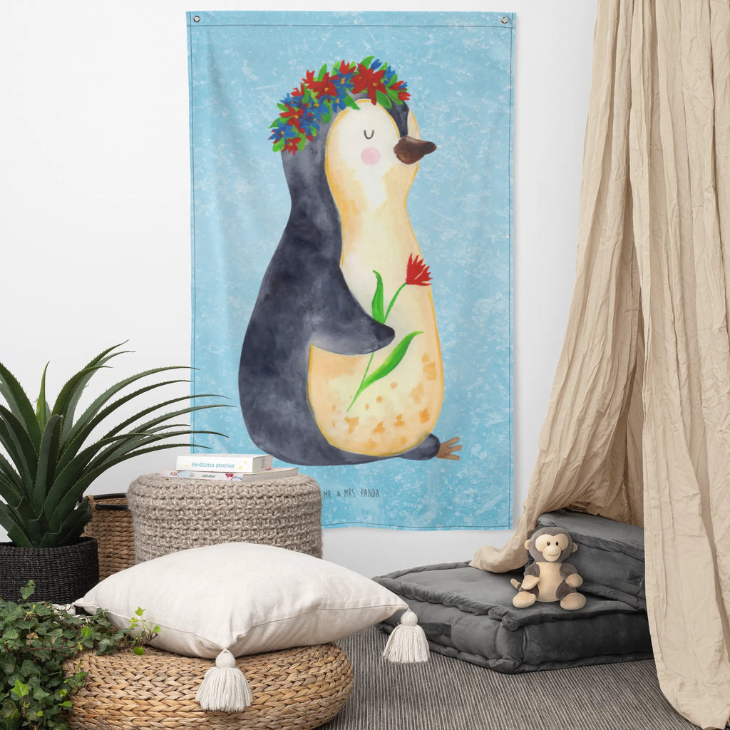 Tapestry Penguin Flower Boho, Wall hanging, Tapestry, Decoration, Penguin, North Pole, Winter, Penguins, gift idea, penguins, lovesickness, love of life, universe, motivation, goals in life, wishes, life, goals, wreath of flowers