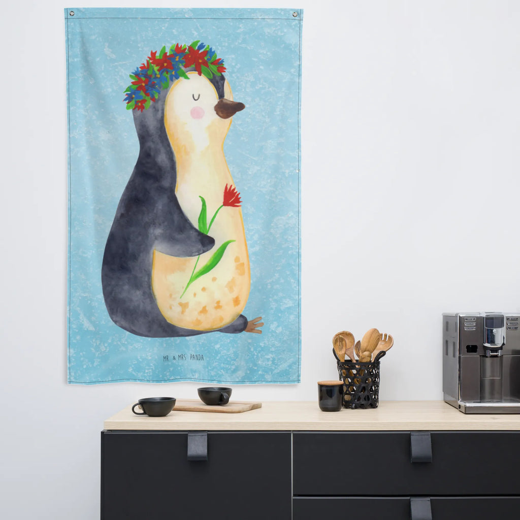 Tapestry Penguin Flower Boho, Wall hanging, Tapestry, Decoration, Penguin, North Pole, Winter, Penguins, gift idea, penguins, lovesickness, love of life, universe, motivation, goals in life, wishes, life, goals, wreath of flowers
