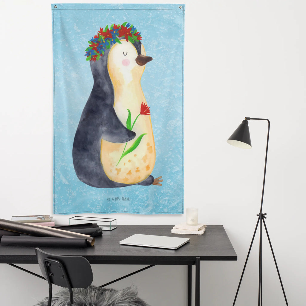Tapestry Penguin Flower Boho, Wall hanging, Tapestry, Decoration, Penguin, North Pole, Winter, Penguins, gift idea, penguins, lovesickness, love of life, universe, motivation, goals in life, wishes, life, goals, wreath of flowers