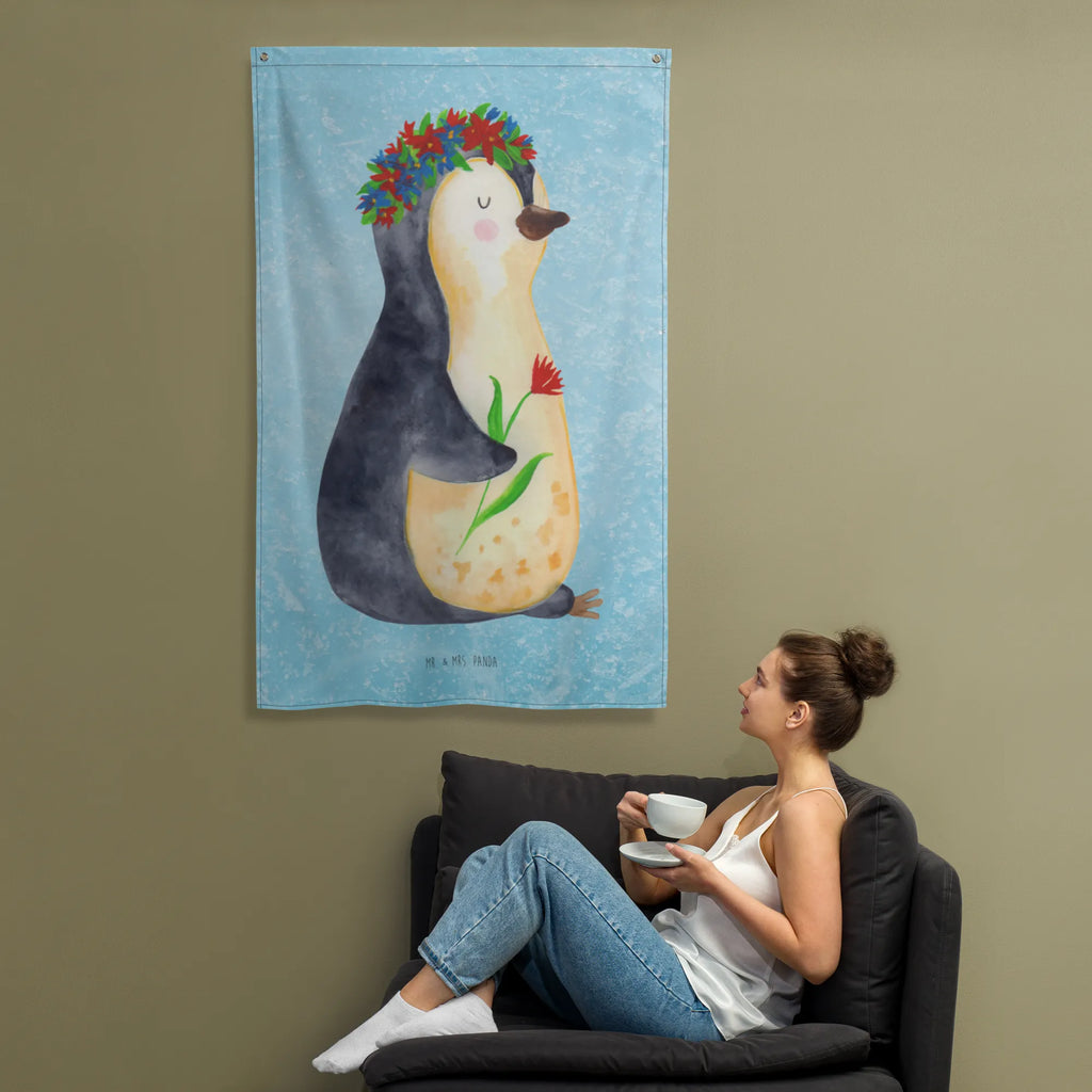 Tapestry Penguin Flower Boho, Wall hanging, Tapestry, Decoration, Penguin, North Pole, Winter, Penguins, gift idea, penguins, lovesickness, love of life, universe, motivation, goals in life, wishes, life, goals, wreath of flowers