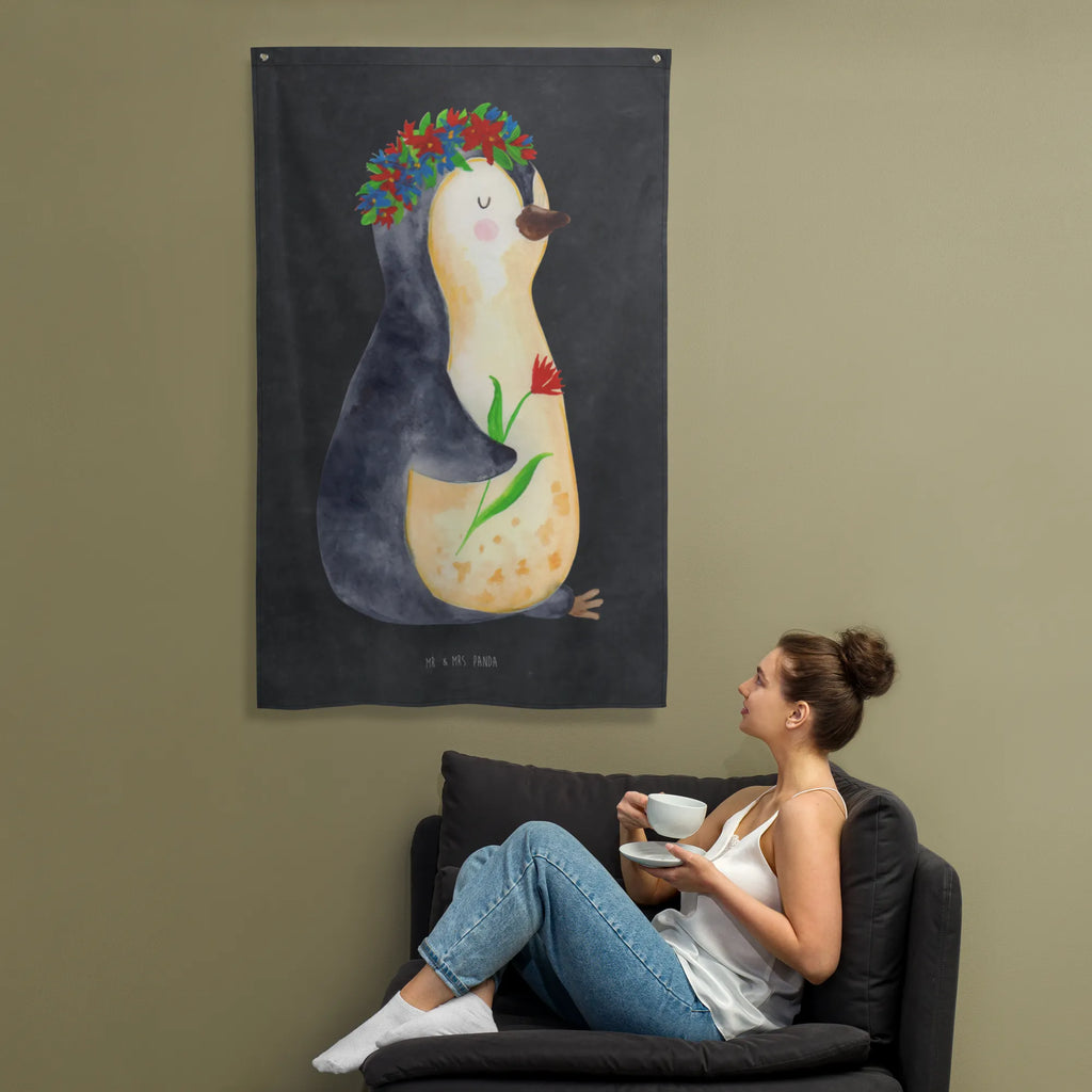 Tapestry Penguin Flower Boho, Wall hanging, Tapestry, Decoration, Penguin, North Pole, Winter, Penguins, gift idea, penguins, lovesickness, love of life, universe, motivation, goals in life, wishes, life, goals, wreath of flowers