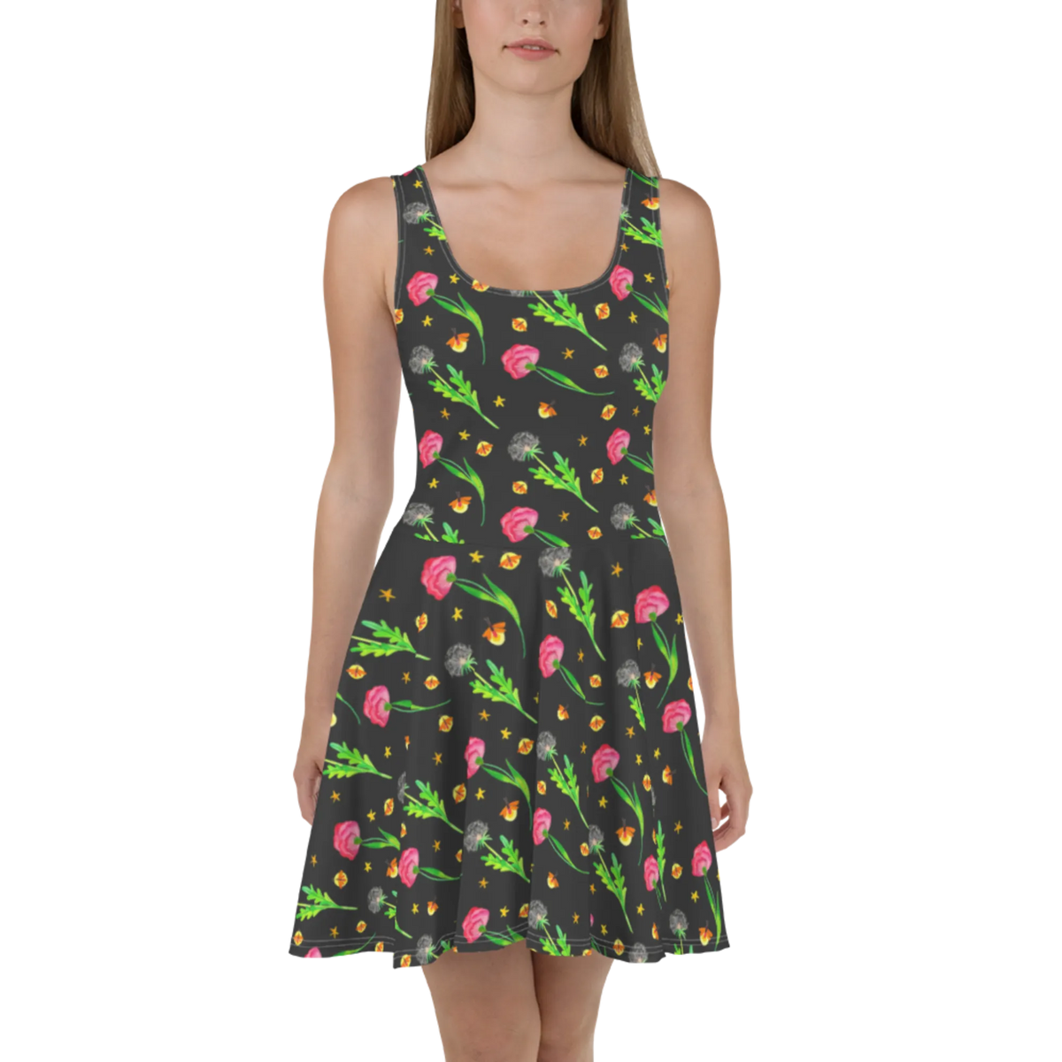 Summer dress Firefly Design Kleid, Damen-Sommerkleid, Jerseykleid, Sommerkleid, Kurzes Sommerkleid, Damenkleid, Ausgestelltes Kleid, Minikleid, Urlaubskleid, Kurzes Kleid, Skaterkleid, Freizeitkleid, Swingkleid, Stretchkleid, Leichtes Sommerkleid, A-Linien-Kleid, Luftiges Sommerkleid, Shirtkleid, Strandkleid, Muster, Glühwürmchen, Pusteblumen, Blumen