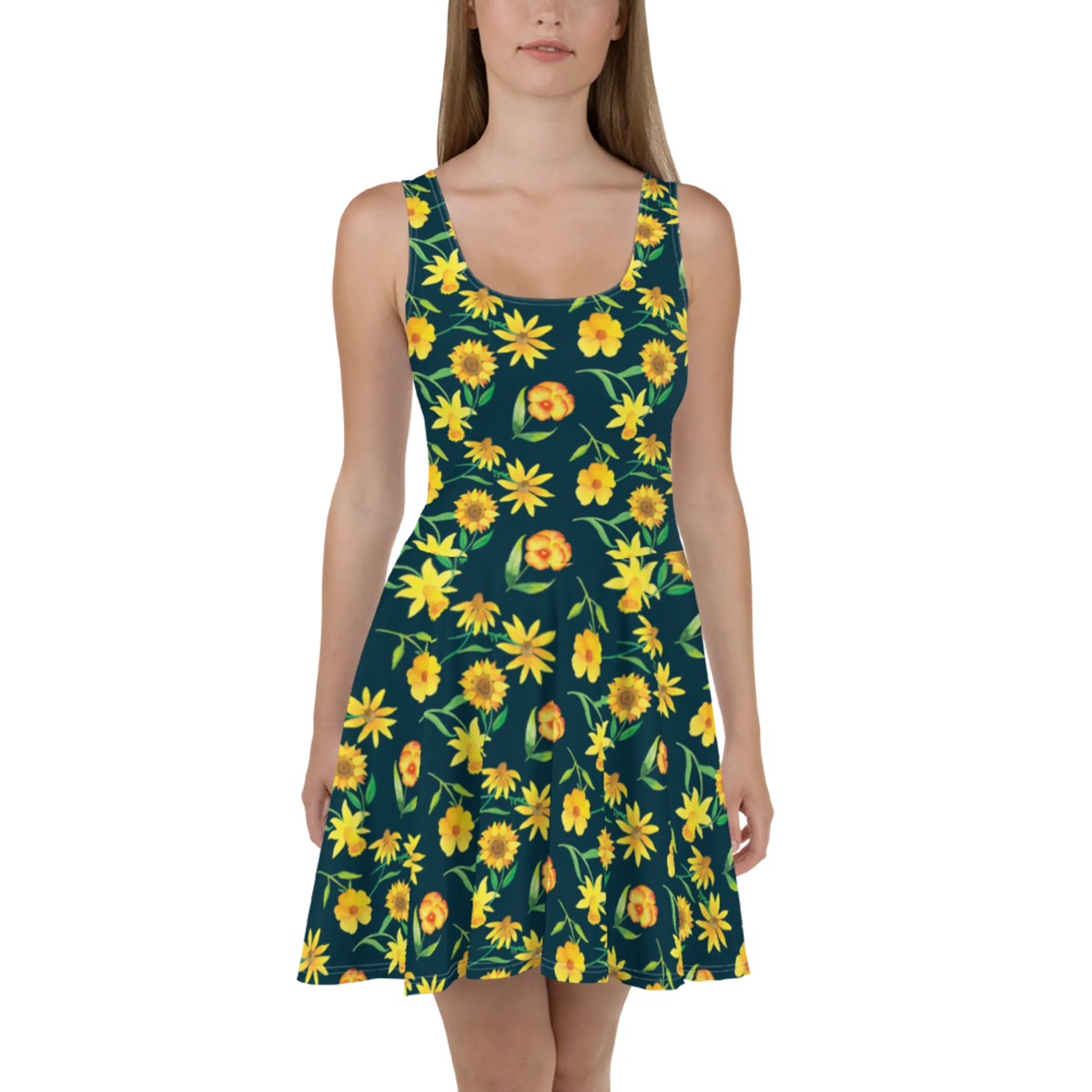 Summer dress Sun Salutation Design Damen-Sommerkleid, Kleid, Jerseykleid, Urlaubskleid, Kurzes Sommerkleid, Freizeitkleid, Ausgestelltes Kleid, Kurzes Kleid, Skaterkleid, A-Linien-Kleid, Luftiges Sommerkleid, Sommerkleid, Stretchkleid, Swingkleid, Minikleid, Damenkleid, Shirtkleid, Strandkleid, Leichtes Sommerkleid, Blumen, Gelbe Blumen, Sonnenblume, Osterglocke, Muster