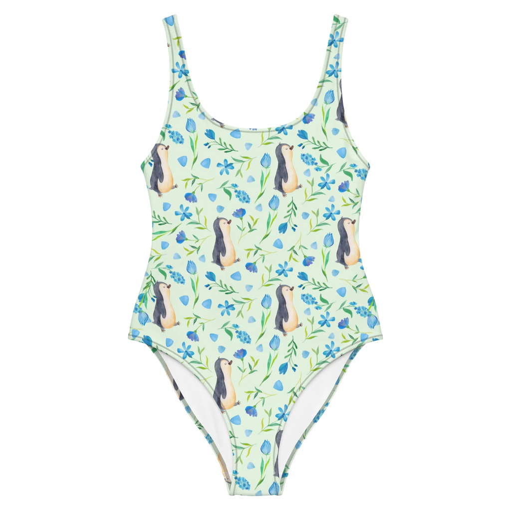 Badeanzug Pinguinliebe Design Badebekleidung, Swimsuit, Badeanzug, Bademode, Rückenfreier Badeanzug, Luxus-Bademode, Aquarell, Blumen, Pinguine, Pinguin, Blaue Blumen, Muster