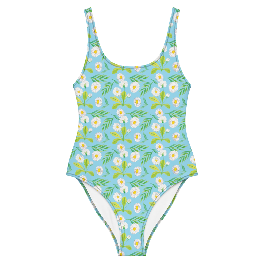 Badeanzug Wiesenzauber Design Bademode, Badeanzug, Luxus-Bademode, Badebekleidung, Swimsuit, Rückenfreier Badeanzug, Blumen, Aquarell, Wiese, Muster, Gänseblümchen, Blumenwiese