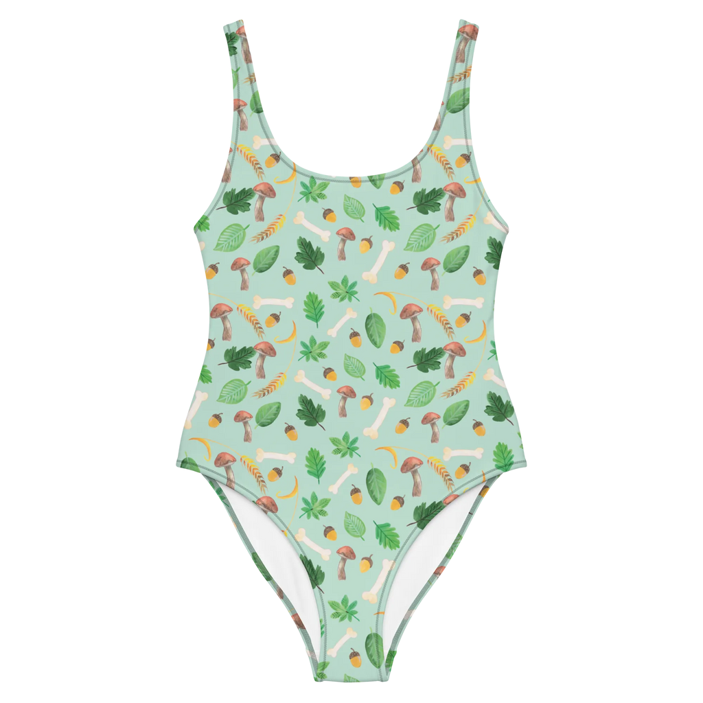 Badeanzug Herbstwald Design Swimsuit, Badeanzug, Badebekleidung, Luxus-Bademode, Rückenfreier Badeanzug, Bademode, Pilze, Aquarell Muster, Wald, Laub, Blätter, Herbst