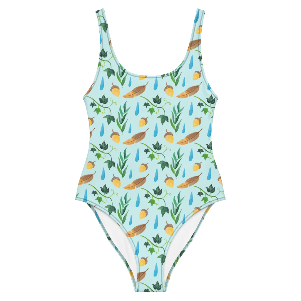 Badeanzug Regentage Design Bademode, Badeanzug, Rückenfreier Badeanzug, Swimsuit, Luxus-Bademode, Badebekleidung, Regentropfen, Efeu, Blätter, Wald, Eiche, Natur, Aquarell