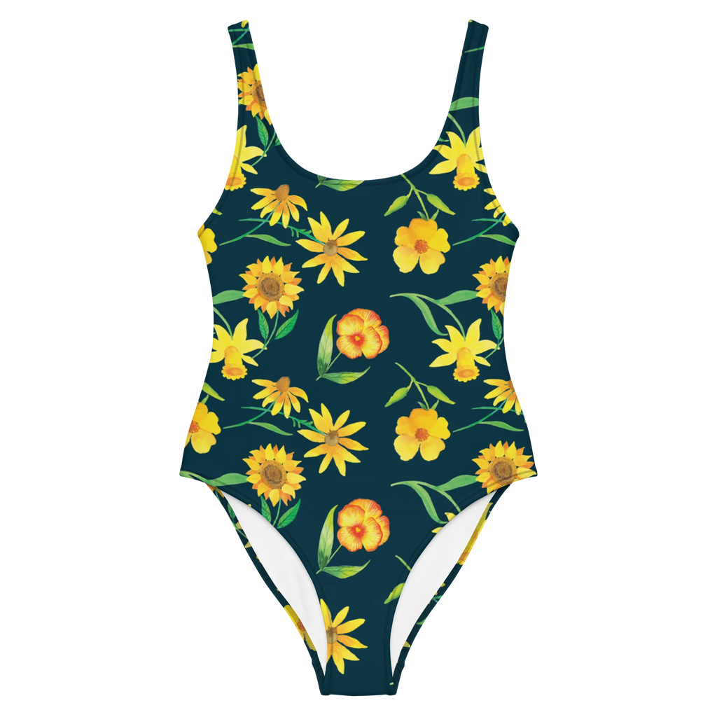 Badeanzug Sonnengruß Design Luxus-Bademode, Swimsuit, Bademode, Badeanzug, Badebekleidung, Rückenfreier Badeanzug, Osterglocke, Blumen, gelbe Blumen, Muster, Sonnenblume