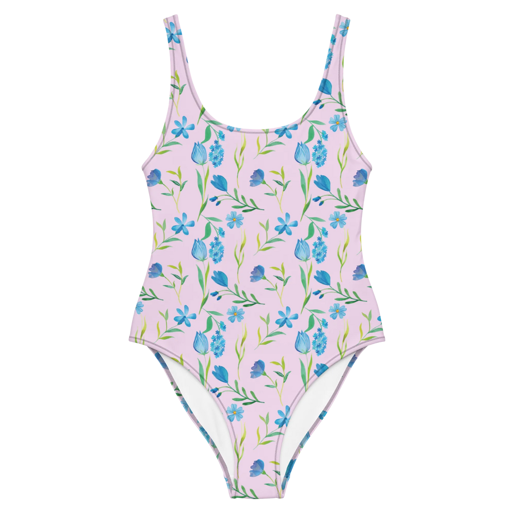 Badeanzug Sommergedanken Design Swimsuit, Luxus-Bademode, Rückenfreier Badeanzug, Badeanzug, Bademode, Badebekleidung, Aquarell, Blaue Blumen, Blaues Muster, Blumen, Blumenmuster