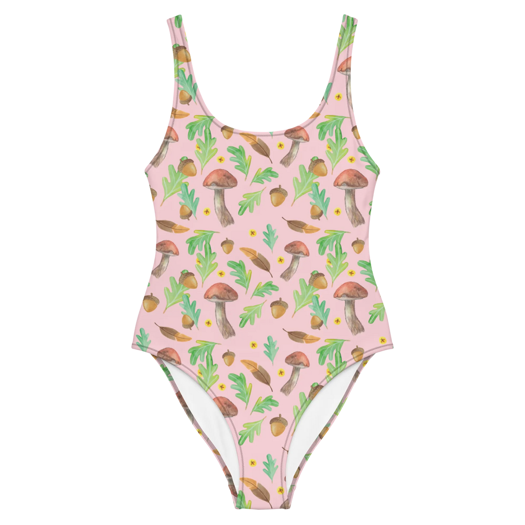 Badeanzug Waldträume Design Bademode, Badeanzug, Swimsuit, Rückenfreier Badeanzug, Badebekleidung, Luxus-Bademode, Aquarellmuster, Blätter, Waldspaziergang, Wald, Natur, Laub, Glühwürmchen, Pilze, Aquarell, Eiche