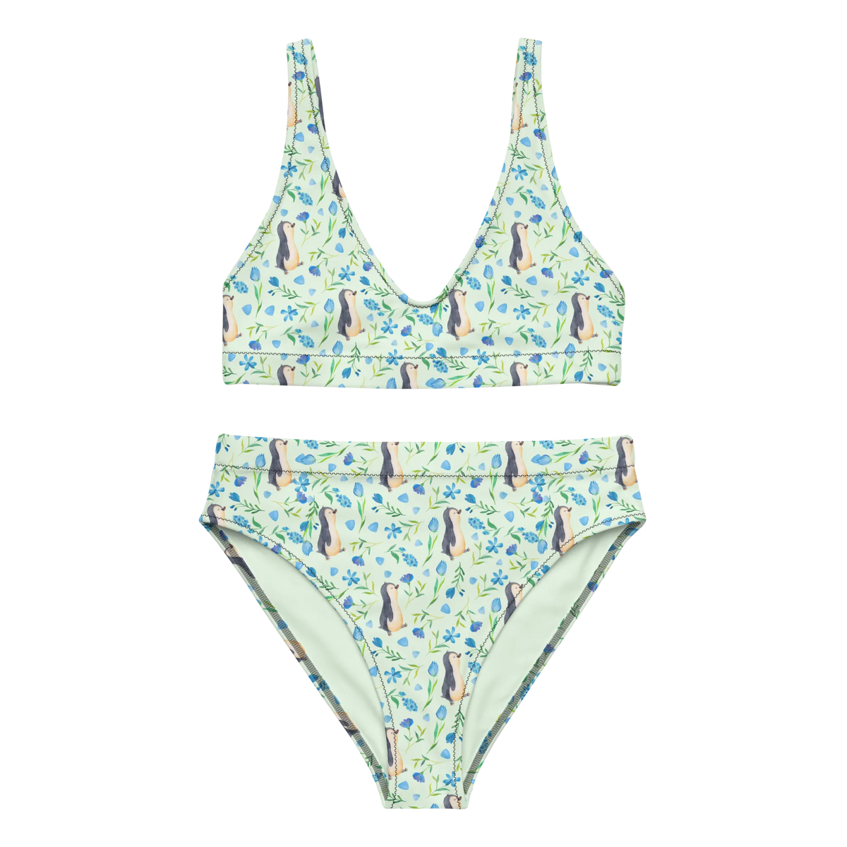 Bikini Penguin Love Design Bikini, Bikinihose, High Waist Bikini, 2er Set, Bikinioberteil, Bademode, Zweiteiler, Pinguin, Aquarell, Muster, Blumen, Pinguine, Blaue Blumen