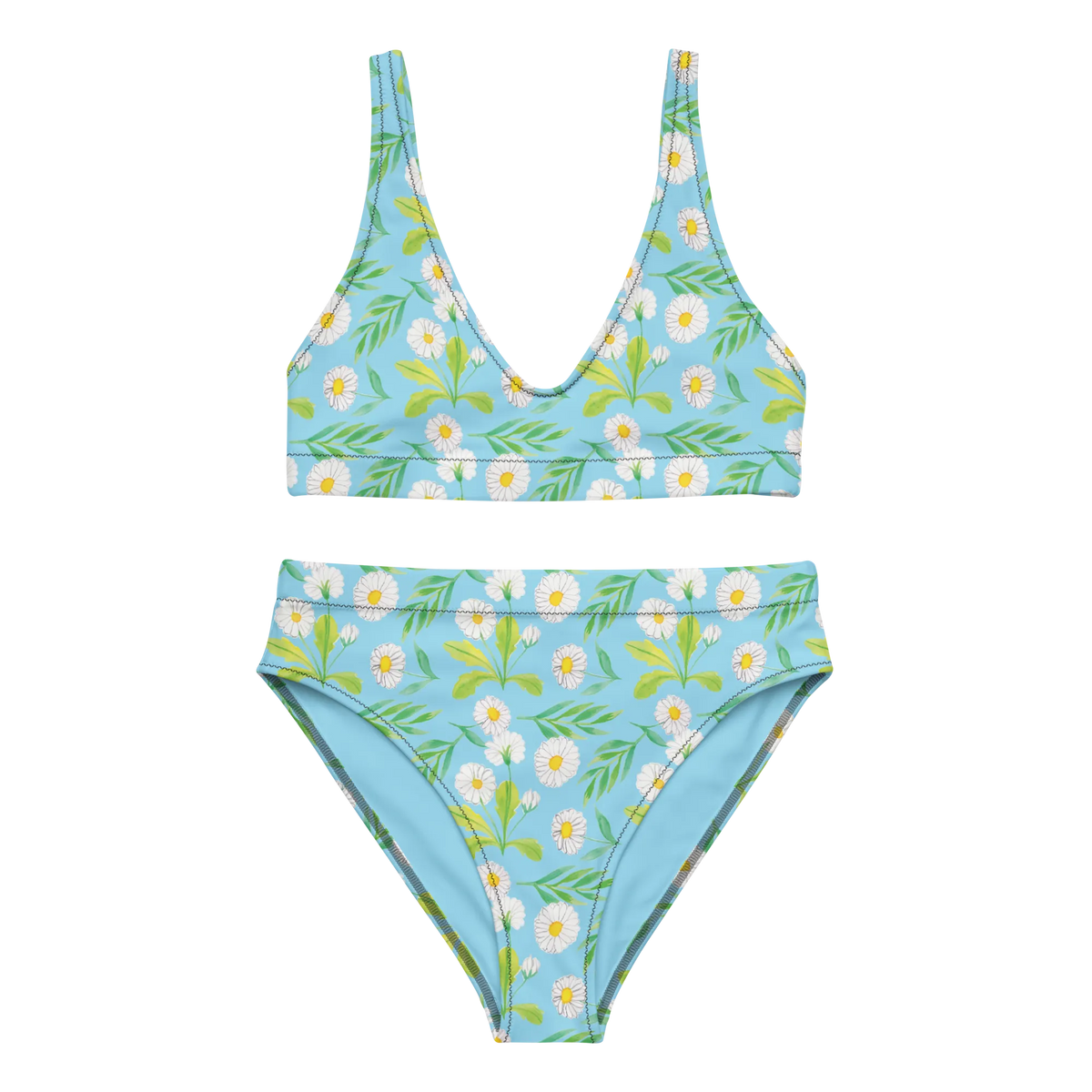 Bikini Wiesenzauber Design Bademode, 2er Set, Bikinioberteil, Bikini, Bikinihose, High Waist Bikini, Zweiteiler, Muster, Blumen, Gänseblümchen, Blumenwiese, Aquarell, Wiese