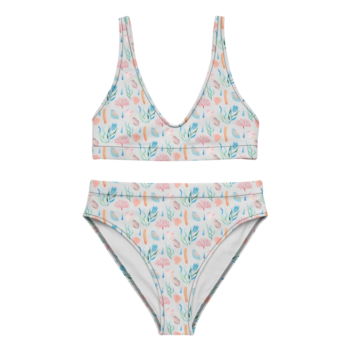 Bikini Szum morza Wzór Zweiteiler, Bademode, Bikinioberteil, Bikini, Bikinihose, High Waist Bikini, 2er Set, Beach, Meer, Strand, Muster, Strand Motive, Maritim, Muscheln, Korallen