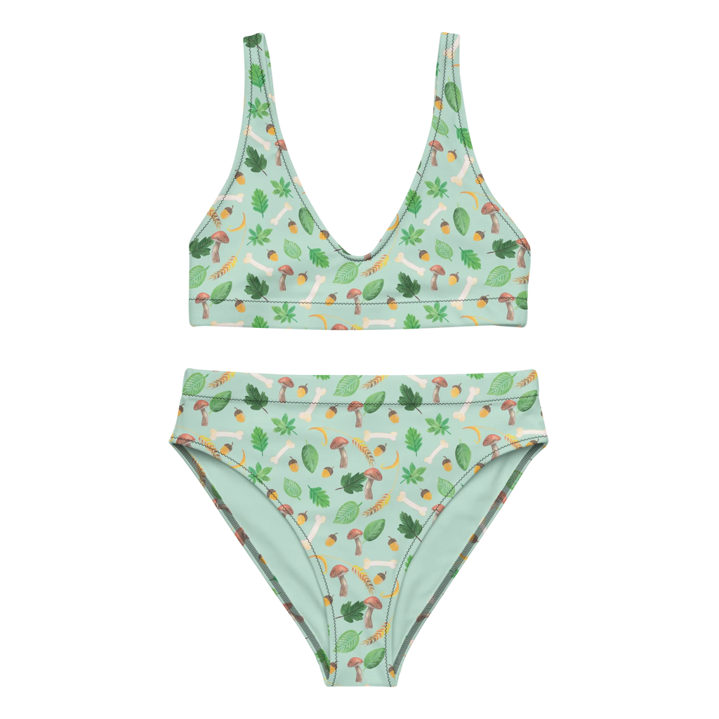 Bikini Herbstwald Design Bikinioberteil, High Waist Bikini, Bademode, Zweiteiler, Bikini, 2er Set, Bikinihose, Blätter, Herbst, Wald, Pilze, Aquarell Muster, Laub