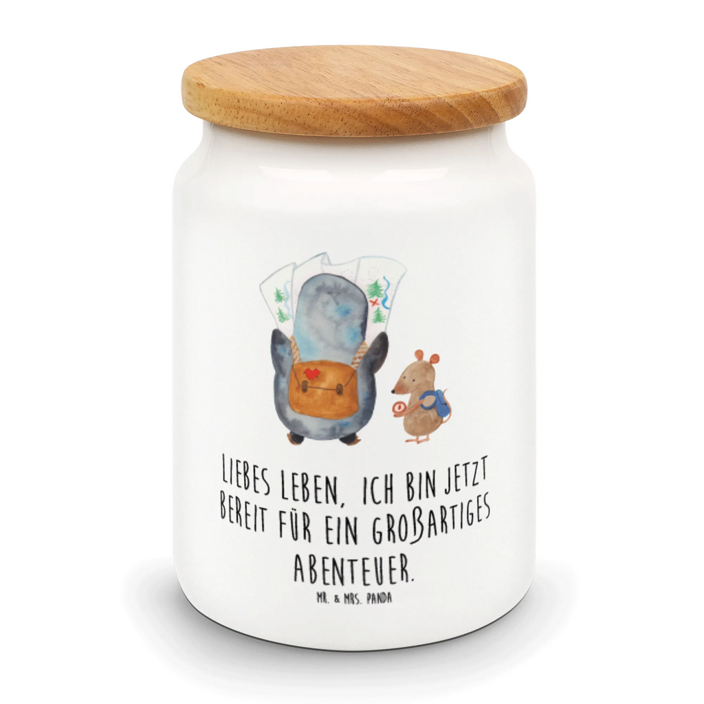 Storage jar Penguin & Mouse Hiker cookie jar, kitchen storage solutions, bulk food storage, storage jar, canister, airtight container, food storage container, ceramic jar, treat jar, kitchen canister, snack jar, preservative jar, pantry storage, Penguin, North Pole, Winter, Penguins, adventurer, adventure, penguin, penguins, wanderlust, excursion, hiking, road trip