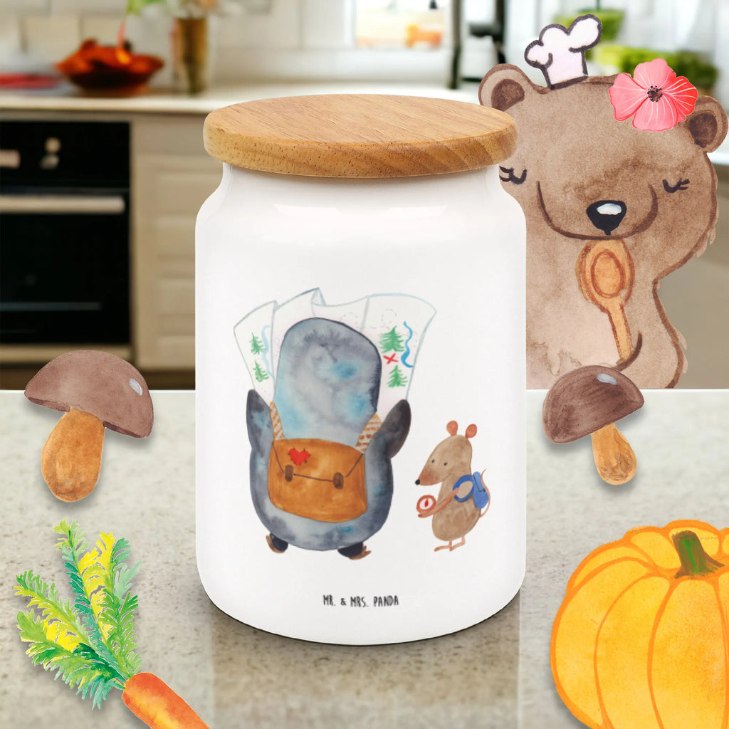 Storage jar Penguin & Mouse Hiker cookie jar, kitchen storage solutions, bulk food storage, storage jar, canister, airtight container, food storage container, ceramic jar, treat jar, kitchen canister, snack jar, preservative jar, pantry storage, Penguin, North Pole, Winter, Penguins, adventurer, adventure, penguin, penguins, wanderlust, excursion, hiking, road trip