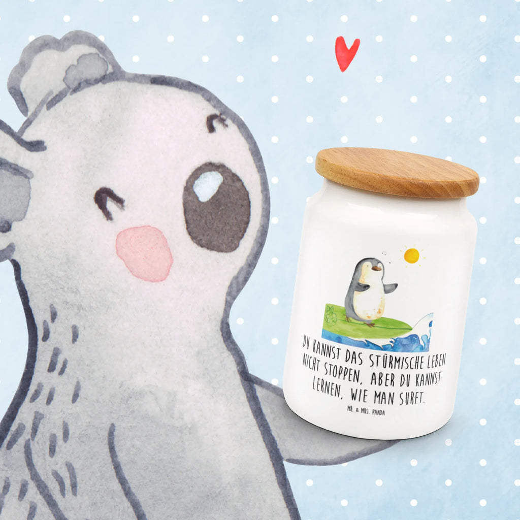 Storage jar Penguin surfer bulk food storage, cookie jar, airtight container, kitchen canister, canister, treat jar, pantry storage, ceramic jar, storage jar, preservative jar, food storage container, kitchen storage solutions, snack jar, Penguin, North Pole, Winter, Penguins, holidays, surfing, surfers, waves, penguins, Hawaii, Portugal, wave riding