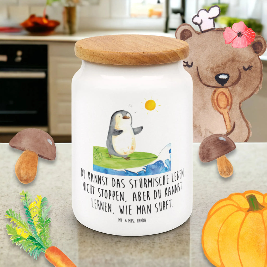 Storage jar Penguin surfer bulk food storage, cookie jar, airtight container, kitchen canister, canister, treat jar, pantry storage, ceramic jar, storage jar, preservative jar, food storage container, kitchen storage solutions, snack jar, Penguin, North Pole, Winter, Penguins, holidays, surfing, surfers, waves, penguins, Hawaii, Portugal, wave riding