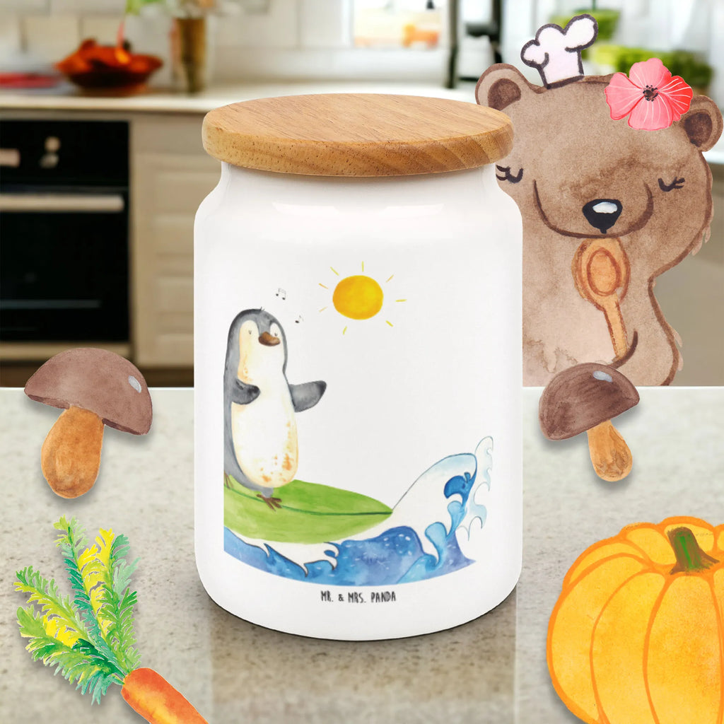 Storage jar Penguin surfer bulk food storage, cookie jar, airtight container, kitchen canister, canister, treat jar, pantry storage, ceramic jar, storage jar, preservative jar, food storage container, kitchen storage solutions, snack jar, Penguin, North Pole, Winter, Penguins, holidays, surfing, surfers, waves, penguins, Hawaii, Portugal, wave riding