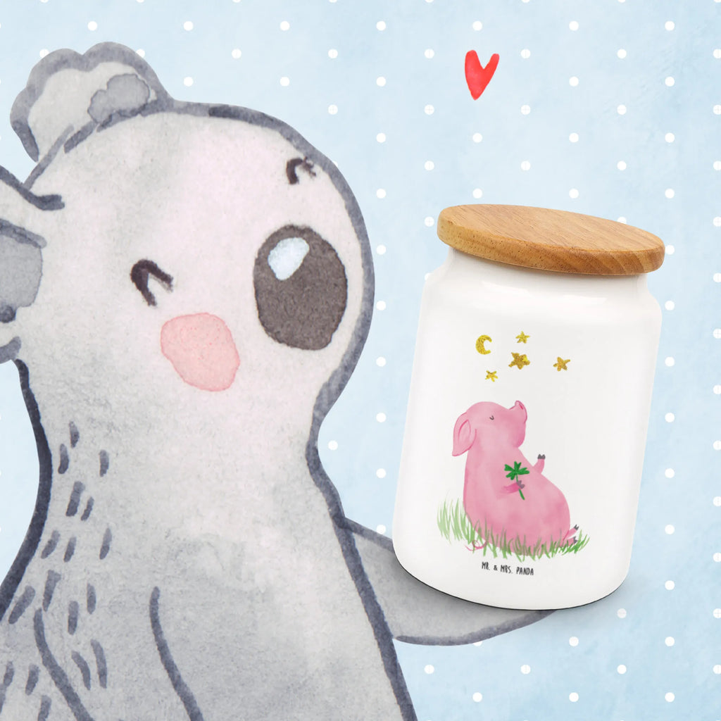 Storage jar Pig Luck bulk food storage, snack jar, ceramic jar, treat jar, pantry storage, cookie jar, canister, storage jar, preservative jar, food storage container, kitchen storage solutions, kitchen canister, airtight container, small animals, cute, funny, cute animal motives, hand drawn, small world, funny sayings, good mood, happy, gifts, gift ideas, special gifts, animal lover, card, pig, motivation, lucky charm, piglet, Lucky bastard. Luck, stars, asterisks, goals, dreams