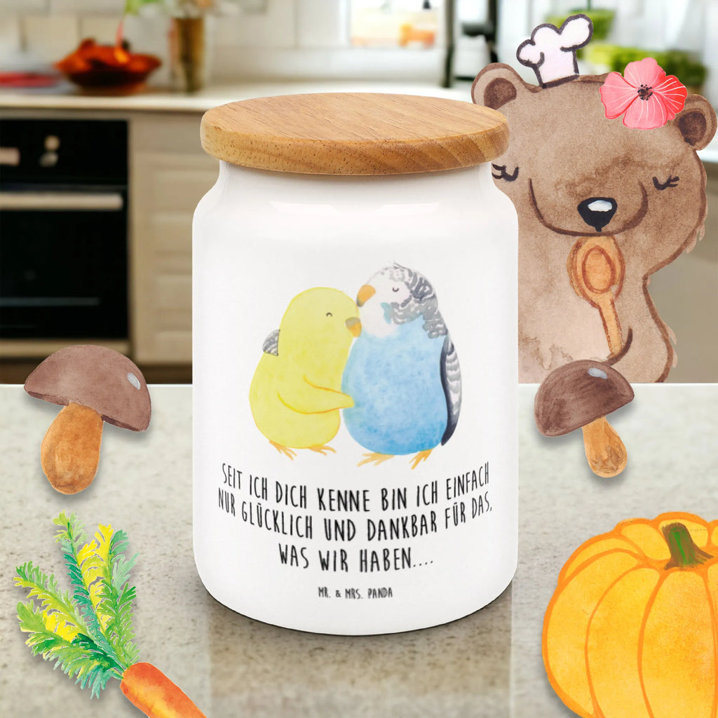 Storage jar Parakeets in love pantry storage, treat jar, kitchen storage solutions, food storage container, airtight container, canister, preservative jar, snack jar, kitchen canister, bulk food storage, ceramic jar, storage jar, cookie jar, Love, Loving, Two, Together, Marriage, Engagement, Proposal of marriage, Love gift, gift for her, gift for him, anniversary gift, budgie, birds, closeness, cuddling, trust, love