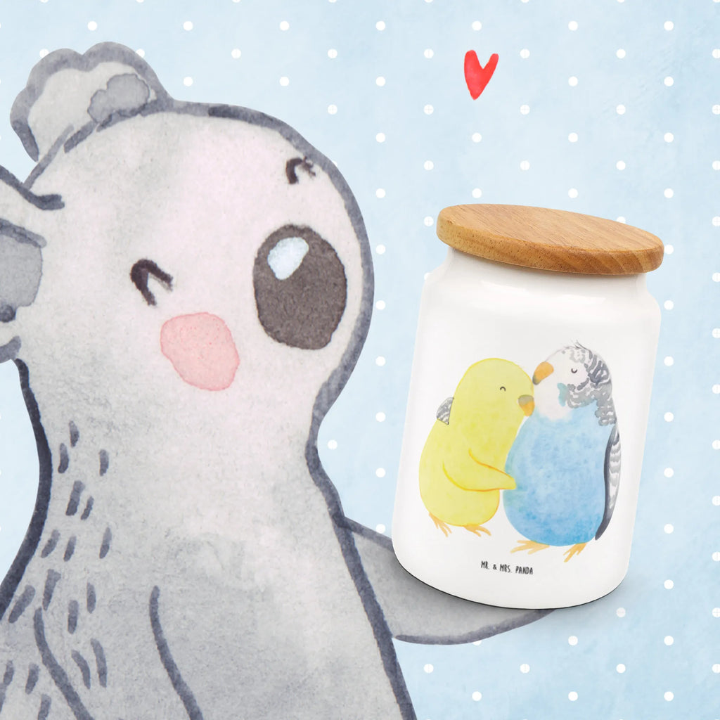 Storage jar Parakeets in love pantry storage, treat jar, kitchen storage solutions, food storage container, airtight container, canister, preservative jar, snack jar, kitchen canister, bulk food storage, ceramic jar, storage jar, cookie jar, Love, Loving, Two, Together, Marriage, Engagement, Proposal of marriage, Love gift, gift for her, gift for him, anniversary gift, budgie, birds, closeness, cuddling, trust, love