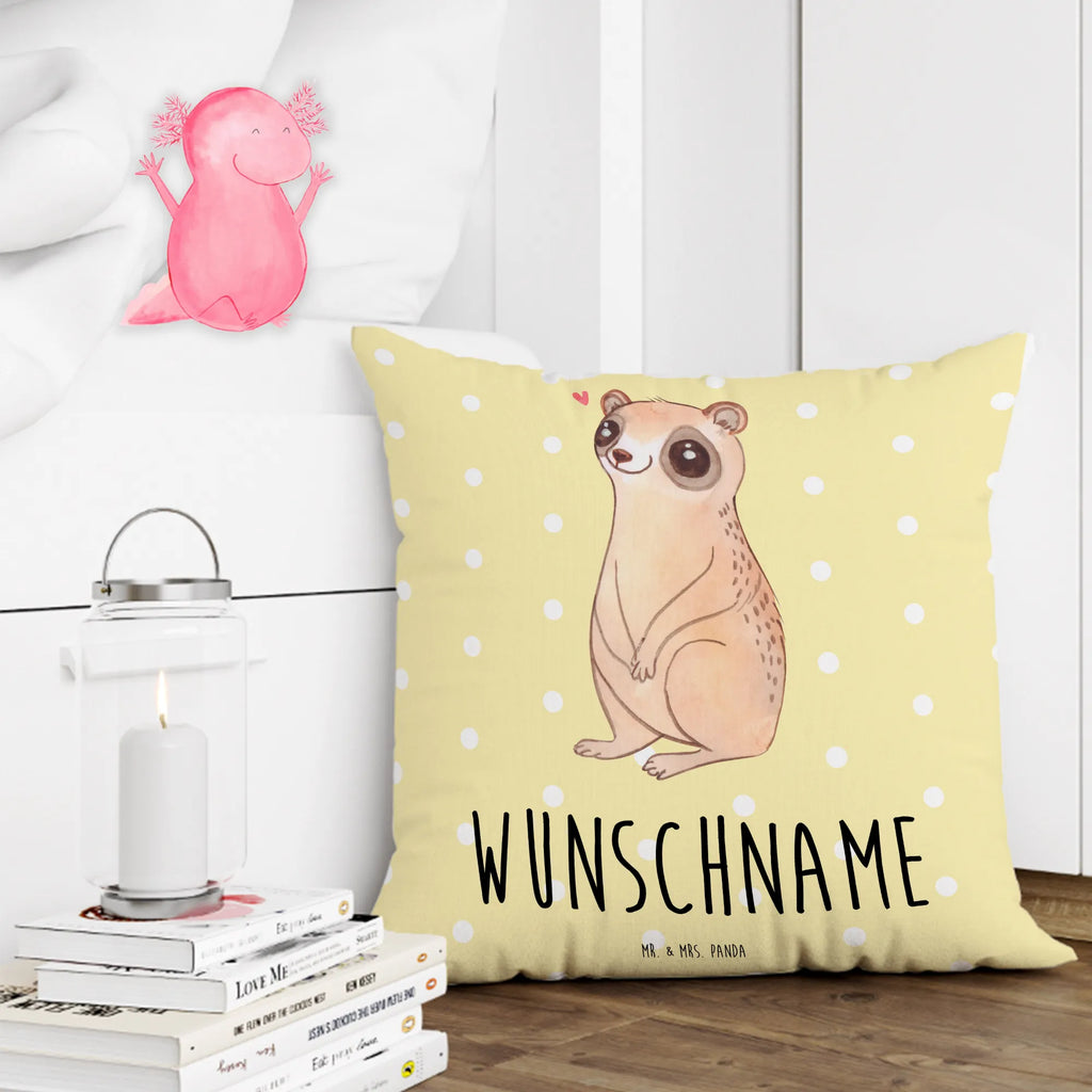 Personalised cushion Slow loris Happy Name, personalisiert, bedrucken, Wunschname, Kopfkissen, Kissen, Tiermotive, Gute Laune, lustige Sprüche, Tiere, Niedlich, Glück, Plumplori