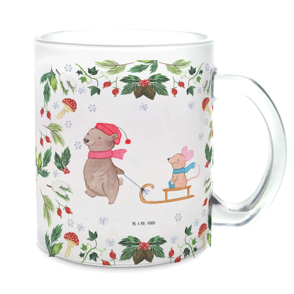 Glass tea cup bear and mouse Sleds tea glass, glass, Tea cup, mug, tea, Winter, Christmas, Christmas time, snow